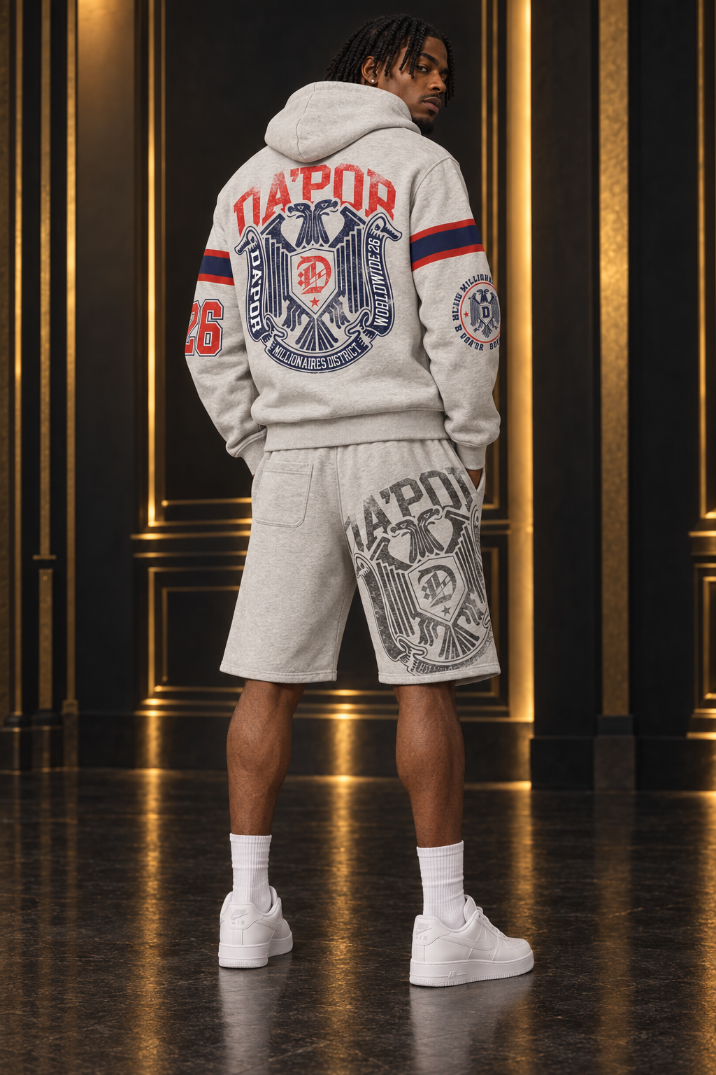 Grey District hoodie crest and shorts rear view