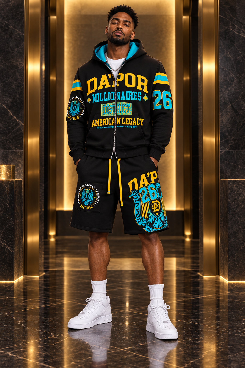Black, gold and turquoise District hoodie and shorts styling preview